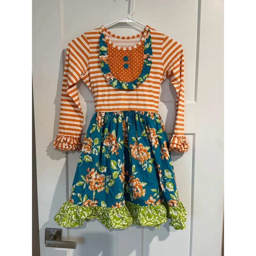 Eleanor Rose Girls Orange Teal Floral Striped Ruffle Dress Size 7-8 RHONDA 1198
